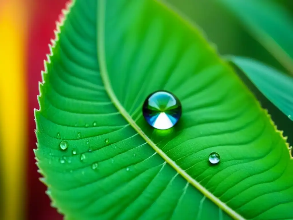 Gotas de rocío: belleza efímera en la naturaleza Una poesía transformadora en la belleza efímera de una gota de rocío sobre una hoja verde vibrante