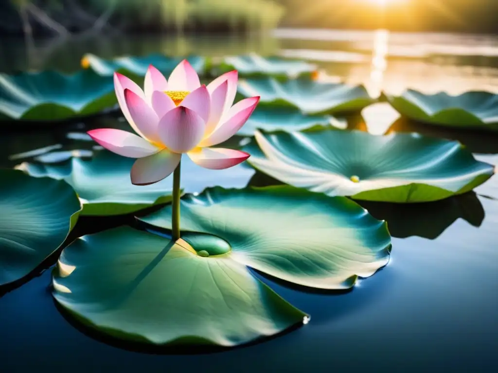 Una poesía transformadora y meditación poética: loto en flor reflejado en agua serena, iluminado por rayos de sol suave