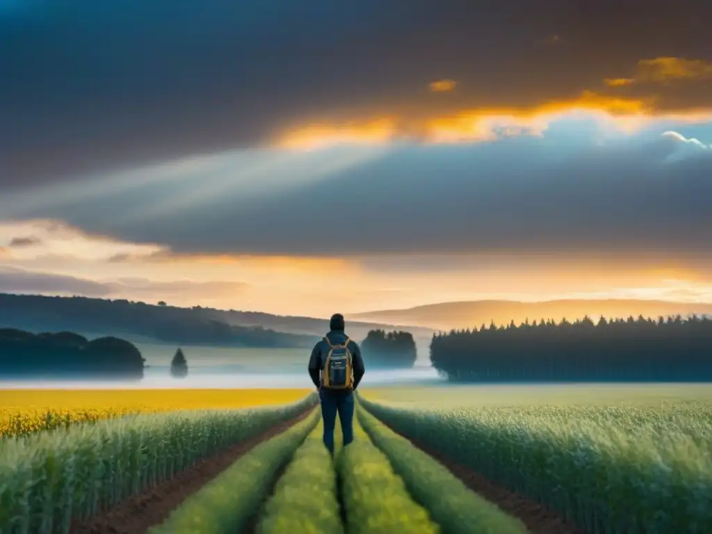 La poesía transformadora en publicidad: un silueta contemplativa en un campo al atardecer, envuelta en luz dorada