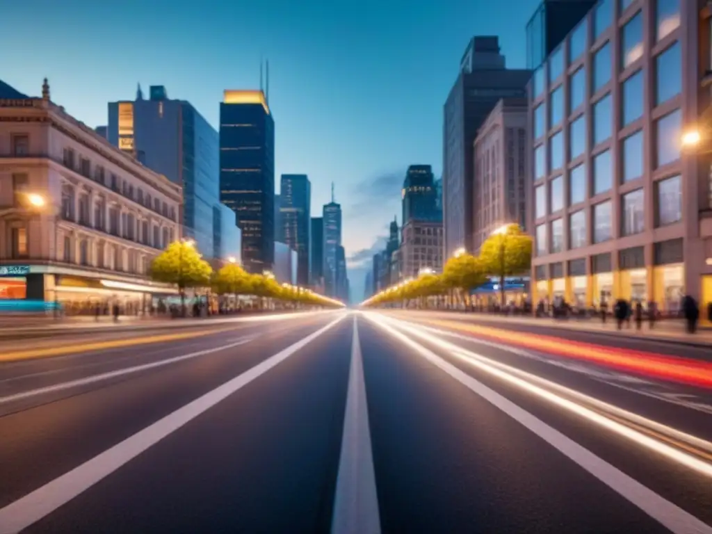 Poesía urbana transformadora: noche vibrante en la ciudad con luces cálidas iluminando edificios modernos y personas caminando