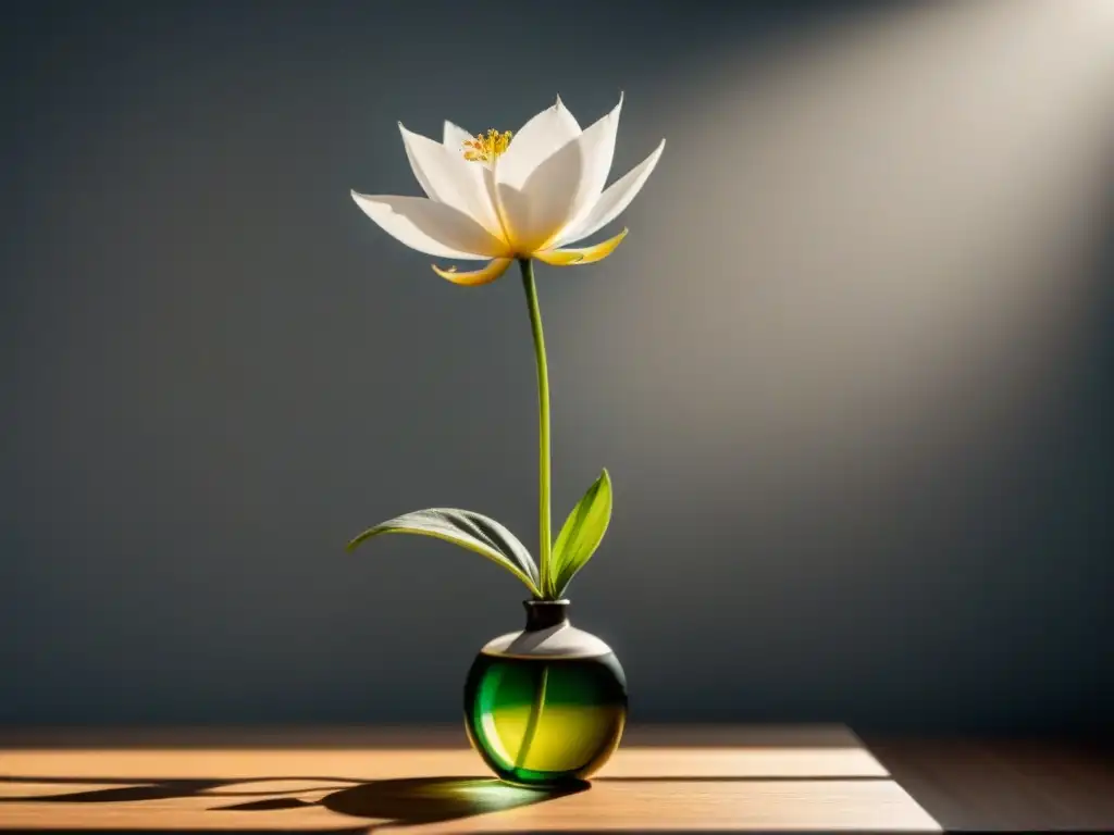 Una poesía visual y belleza transformadora: flor delicada en floración en una habitación vacía en blanco y negro, con luz suave