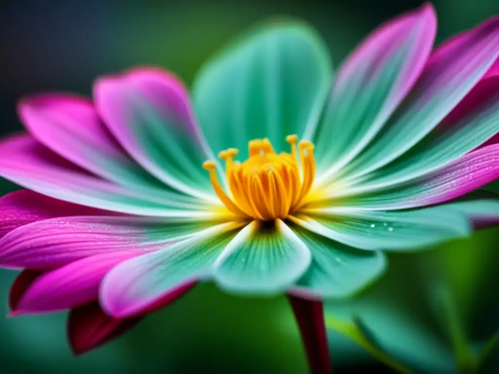 Una poesía visual y belleza transformadora: detallada flor en suave enfoque, patrones y texturas vibrantes, gotas de rocío en pétalo