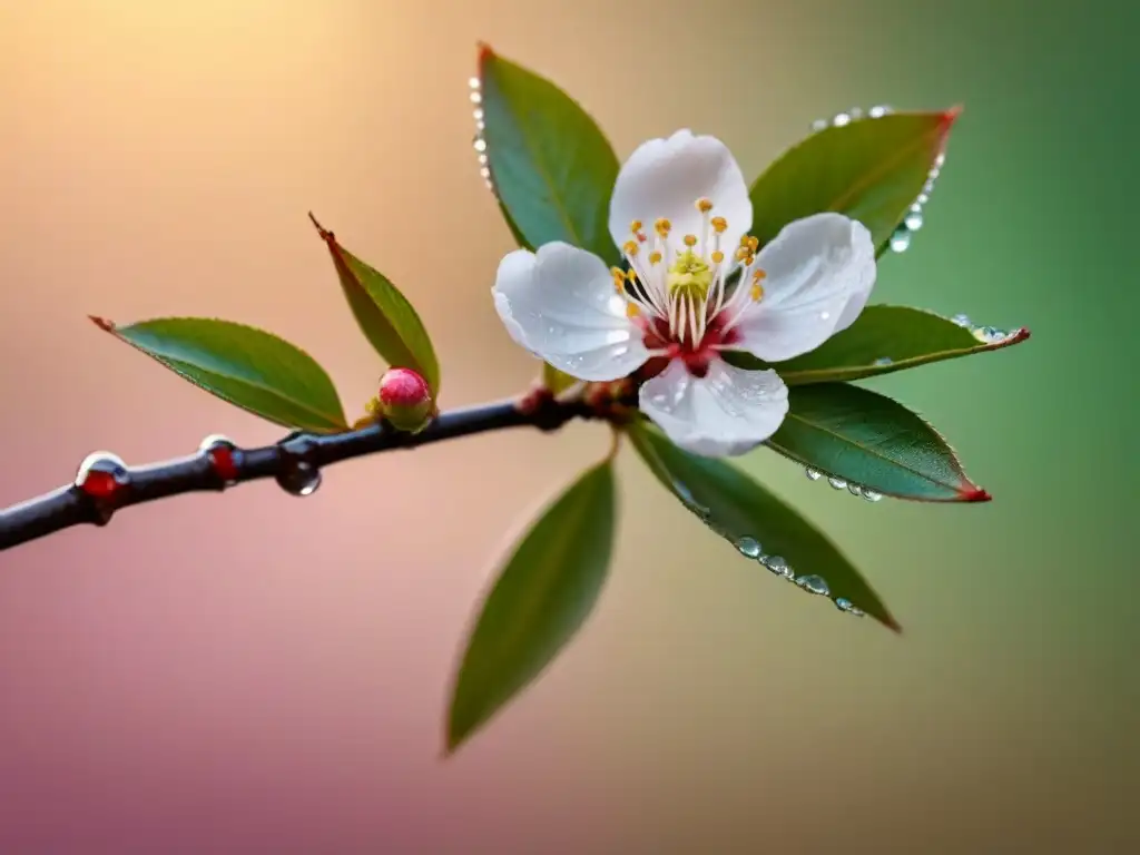 Poesía visual minimalista transformadora: rama de cerezo en flor con gotas de rocío sobre pétalos rosados