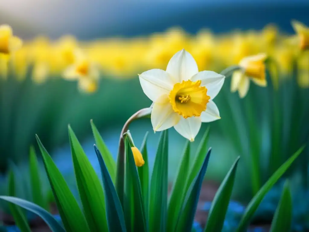 Una poesía visual: Narciso delicado ondeando en brisa, resaltando su amarillo vibrante en prados verdes bajo cielo azul