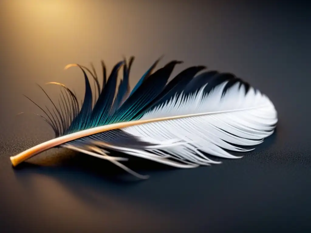Poesía visual: pluma delicada reposa sobre superficie espejada, con detalles intrincados y sutil reflejo en alta definición
