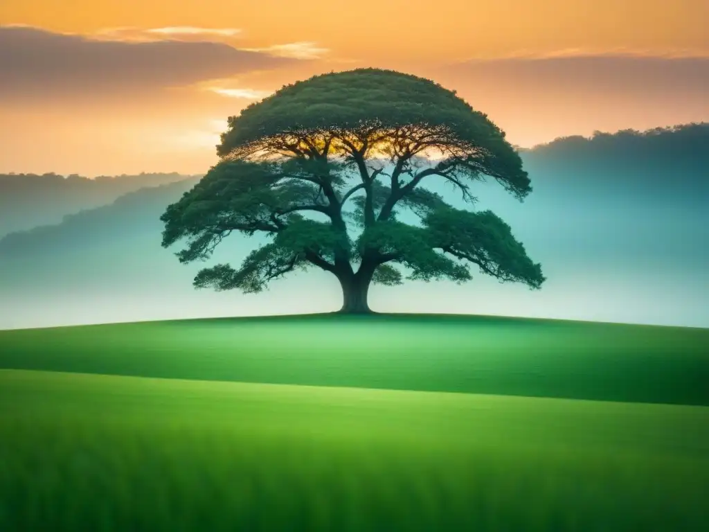 Poesía visual transformadora: Árbol solitario en campo vasto bajo cielo pastel evoca tranquilidad