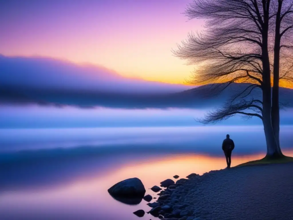 Poesía visual transformadora: Amanecer vibrante reflejado en lago sereno con árbol solitario en el horizonte