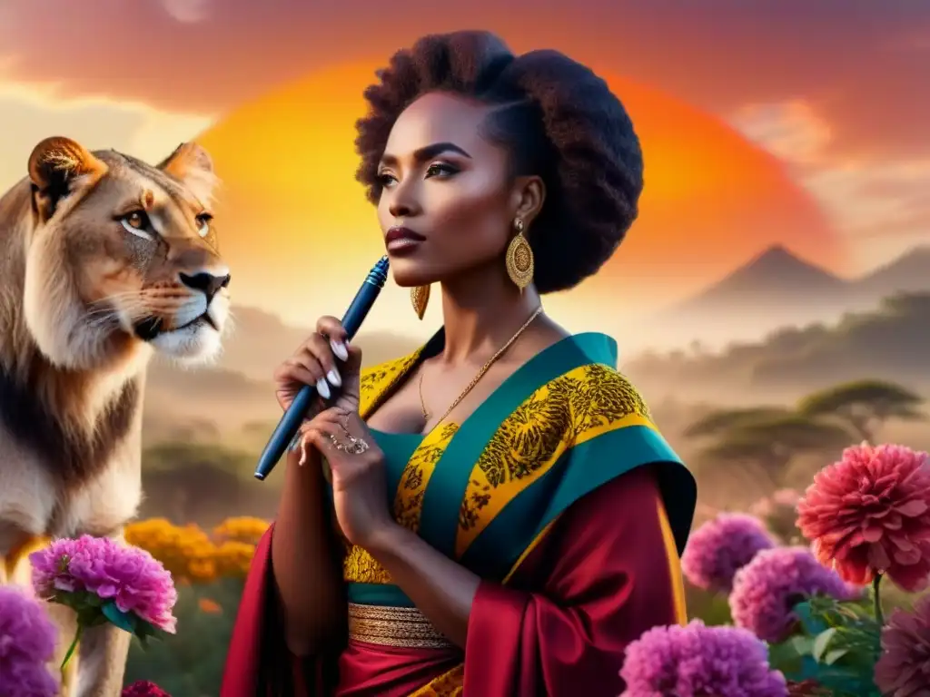 Una poeta africana poderosa rodeada de flores y leones, simbolizando empoderamiento femenino y poesía africana