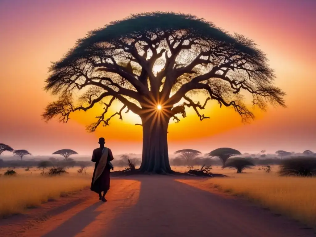 Un poeta africano orgulloso ante un baobab al atardecer