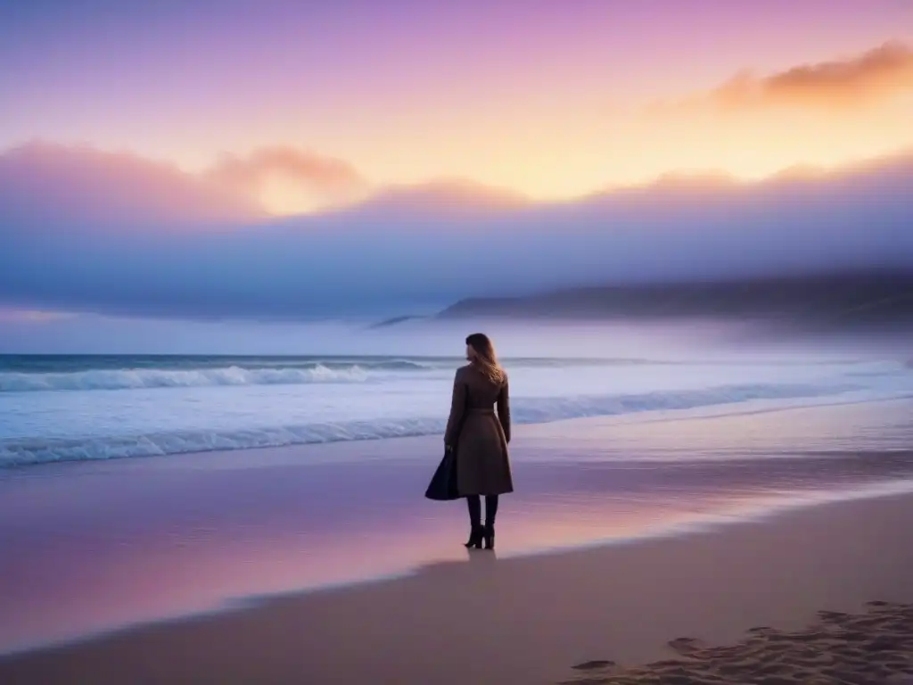 Un poeta contempla el amanecer en una playa serena