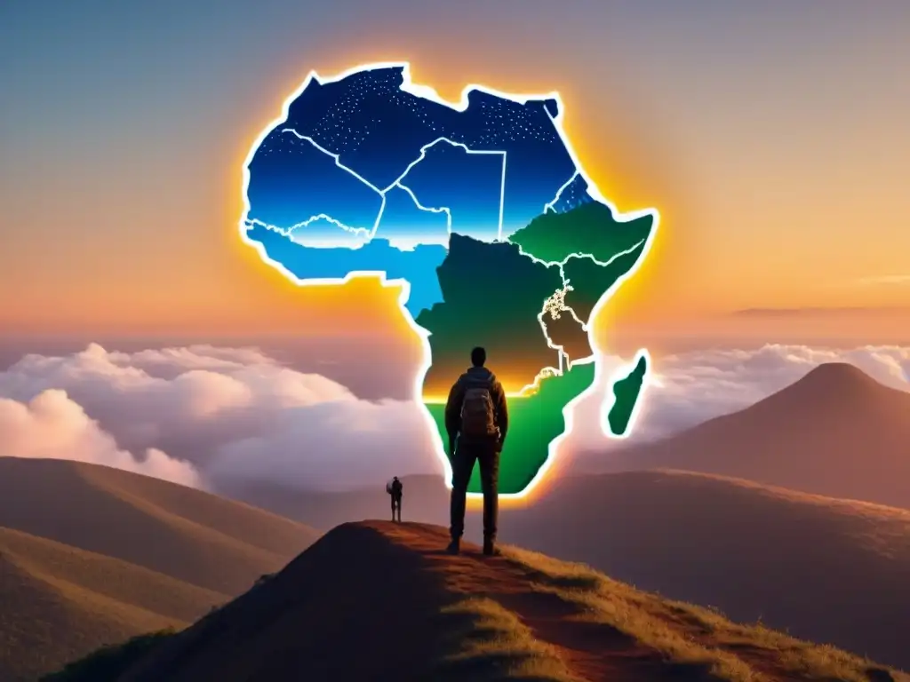 Poética Africana en la Era Digital: Cumbre de Empoderamiento Un poeta se alza en la cima, contemplando un mapa digital de África