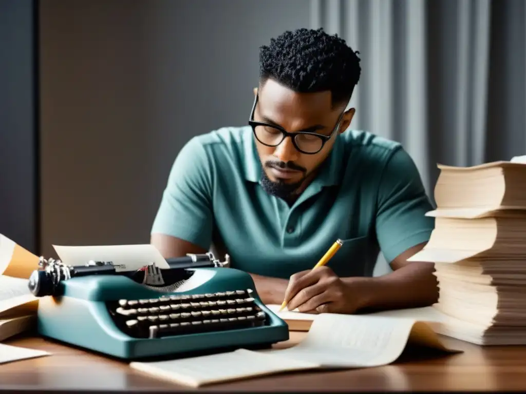 Un poeta concentrado en su escritura, rodeado de libros, papeles y una máquina de escribir vintage