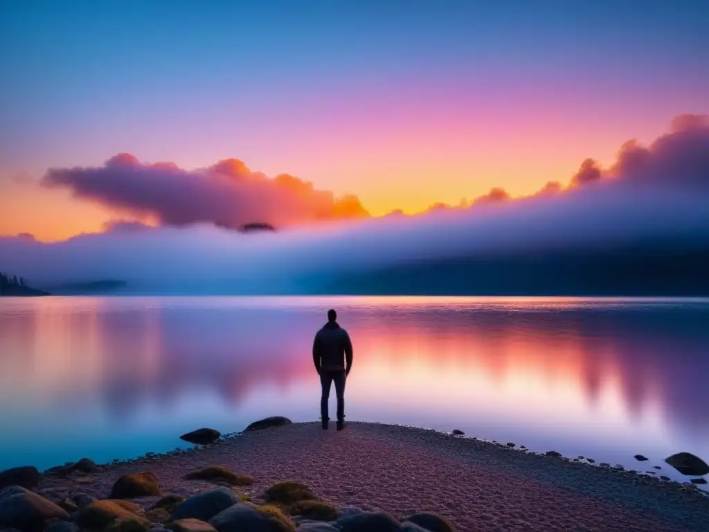 Un poeta contemplativo en la orilla de un lago sereno, reflejando un atardecer vibrante