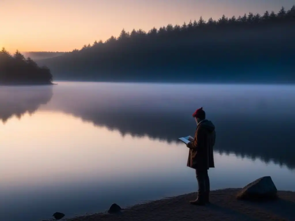 Un poeta contemplativo de traductor poético papel creativo junto al lago al amanecer