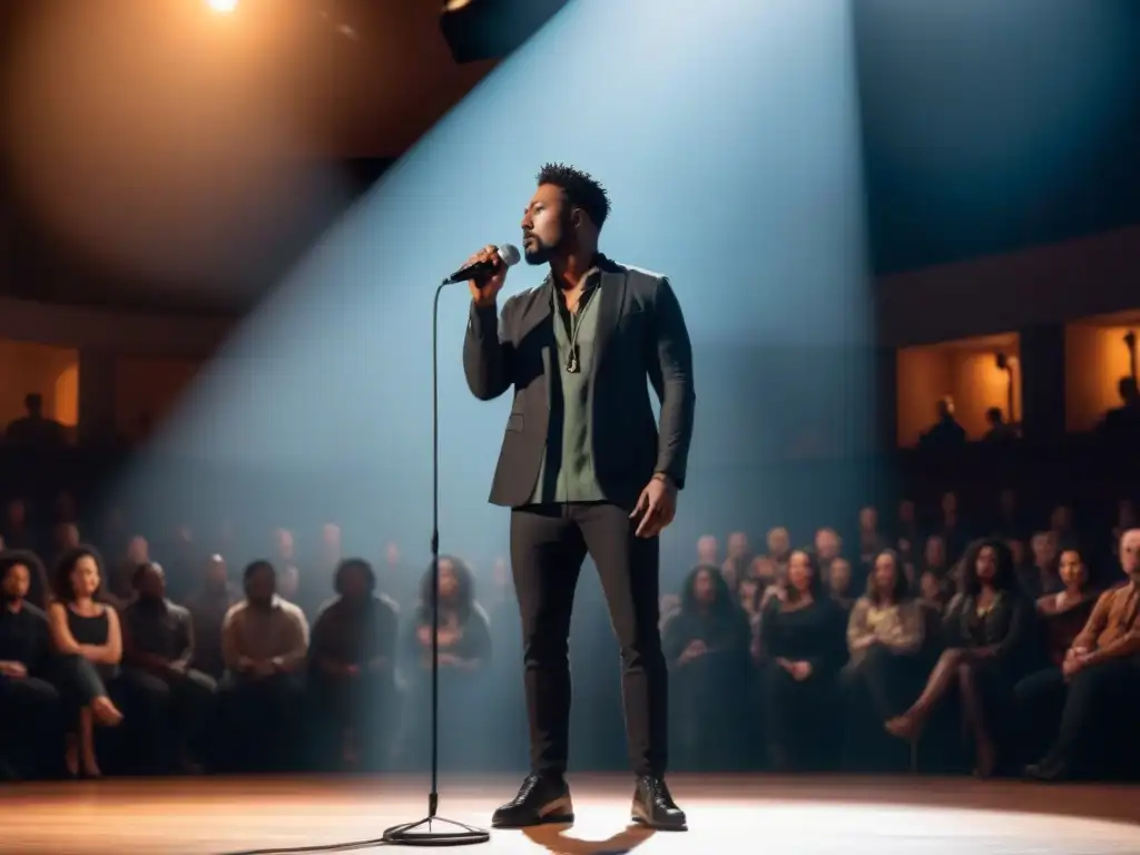 Un poeta contemporáneo en un escenario con un micrófono, inspirando a una audiencia diversa con sus palabras