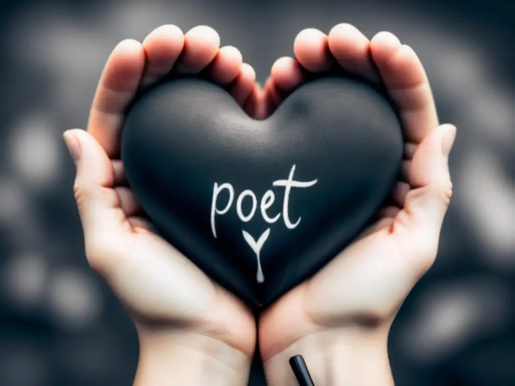 Un poeta sostiene delicadamente un corazón entre sus manos, con tinta en los dedos y un bolígrafo al fondo