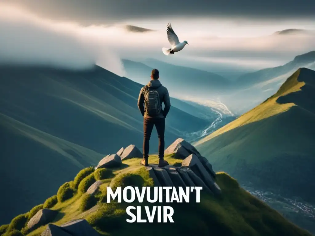 Un poeta desafiante en la cima de una montaña, rodeado de palabras y palomas, simbolizando la poesía lírica transformadora de injusticia