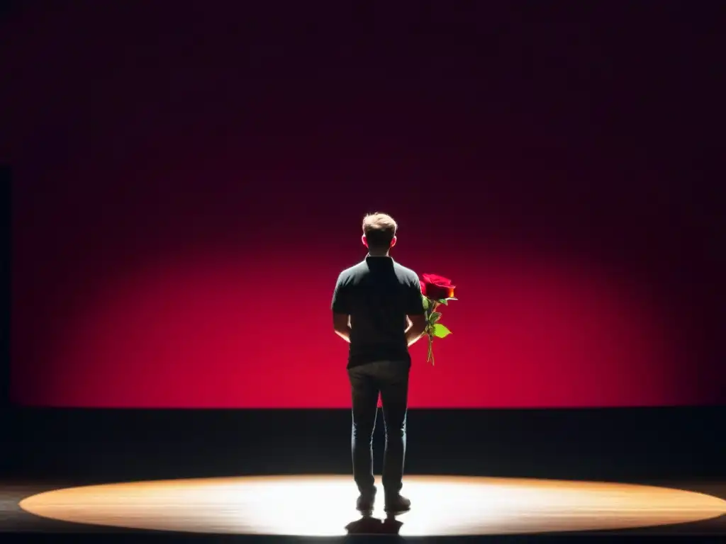 Un poeta destaca en un escenario con una rosa roja, simbolizando el éxito en premios literarios poesía