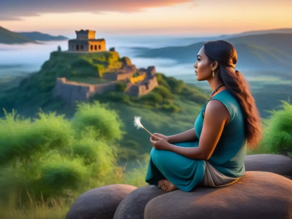 Un poeta indígena solo en la cima de la montaña, rodeado de ruinas y vegetación exuberante, conectado con su cultura ancestral