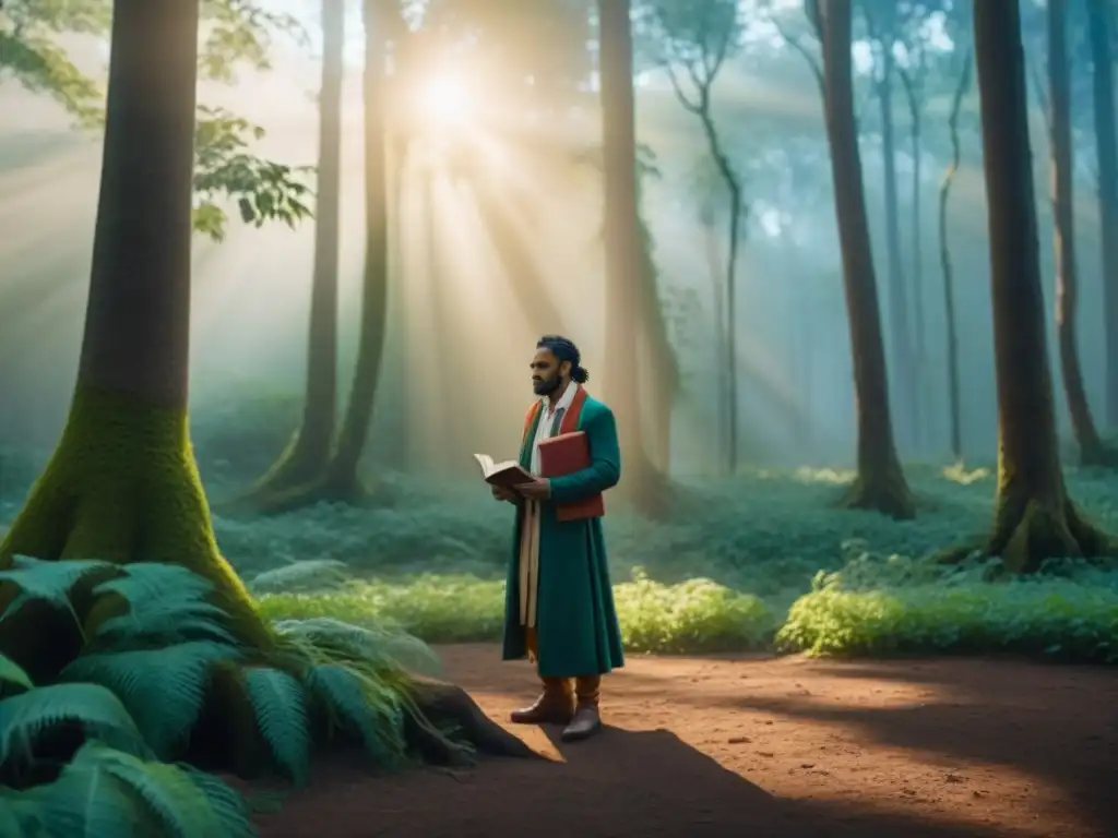Un poeta indígena contemporáneo en un bosque vibrante, con raíces intrincadas, envuelto en poesía eco crítica