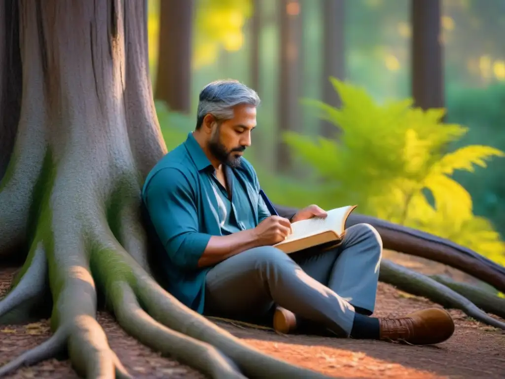 Un poeta indígena en resistencia cultural, escribiendo bajo un árbol ancestral en la exuberante selva