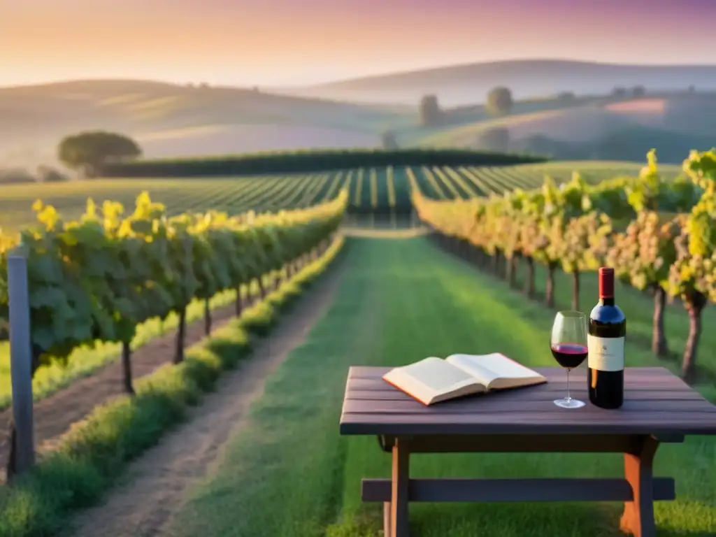 Un poeta encuentra inspiración en un viñedo al atardecer, rodeado de naturaleza y vino