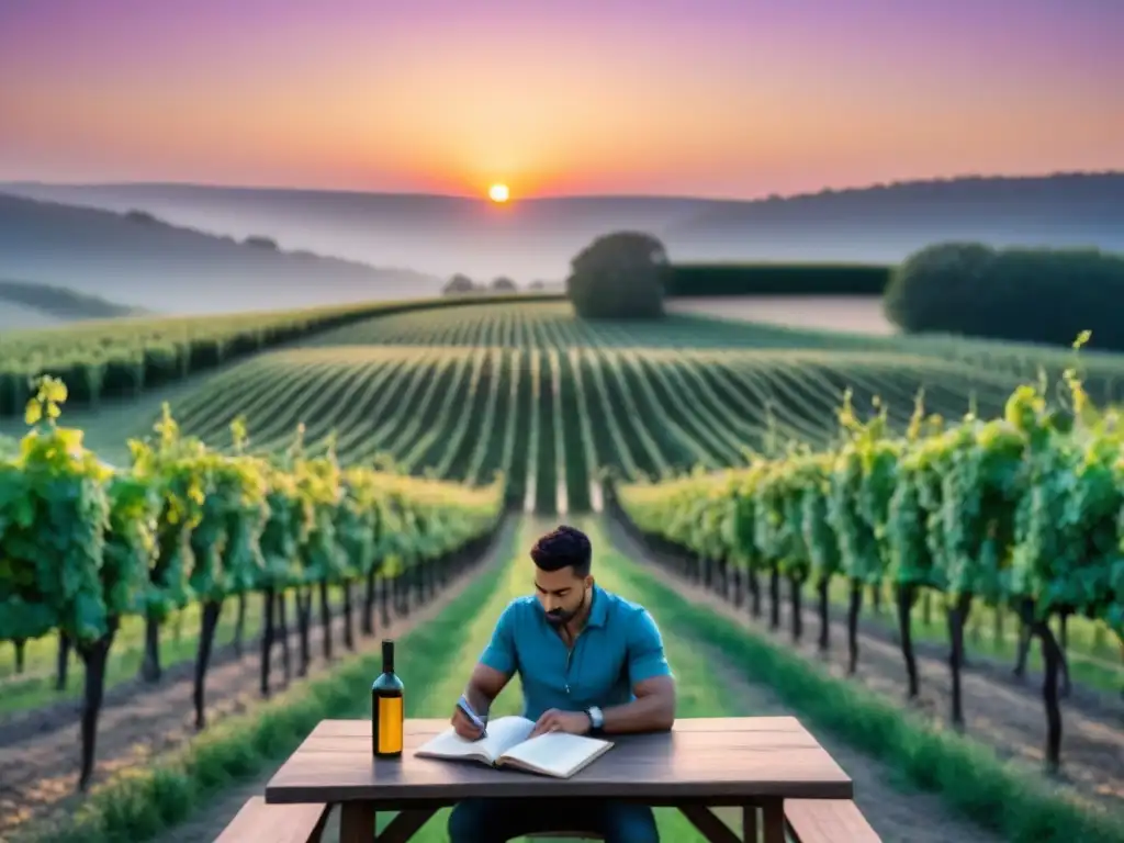 Un poeta inspirado escribe en un viñedo al atardecer, rodeado de naturaleza y palabras