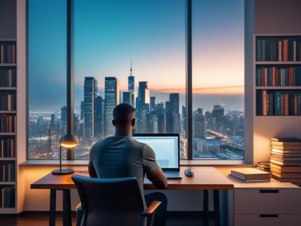 Reflexión moderna entre libros y tecnología Poeta inspirador reflexiona en escritorio moderno, rodeado de libros y laptop, con ciudad digital nocturna al fondo
