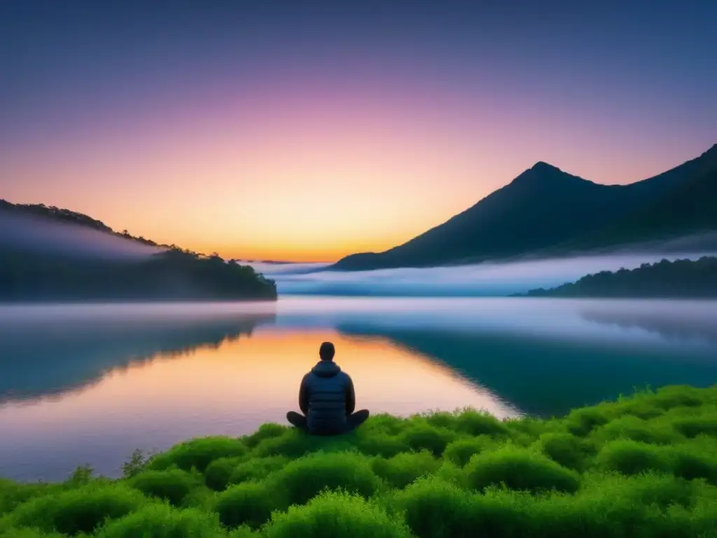 Un poeta meditando en un lago al atardecer, rodeado de naturaleza tranquila