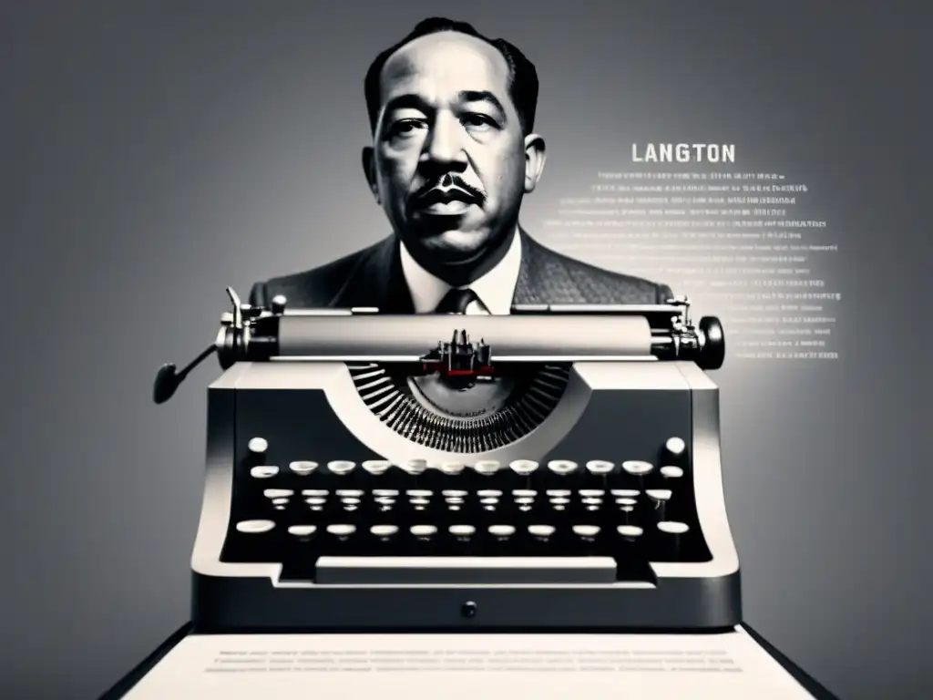 El poeta Langston Hughes rodeado de palabras en español e inglés, fusionando culturas en el Renacimiento de Harlem