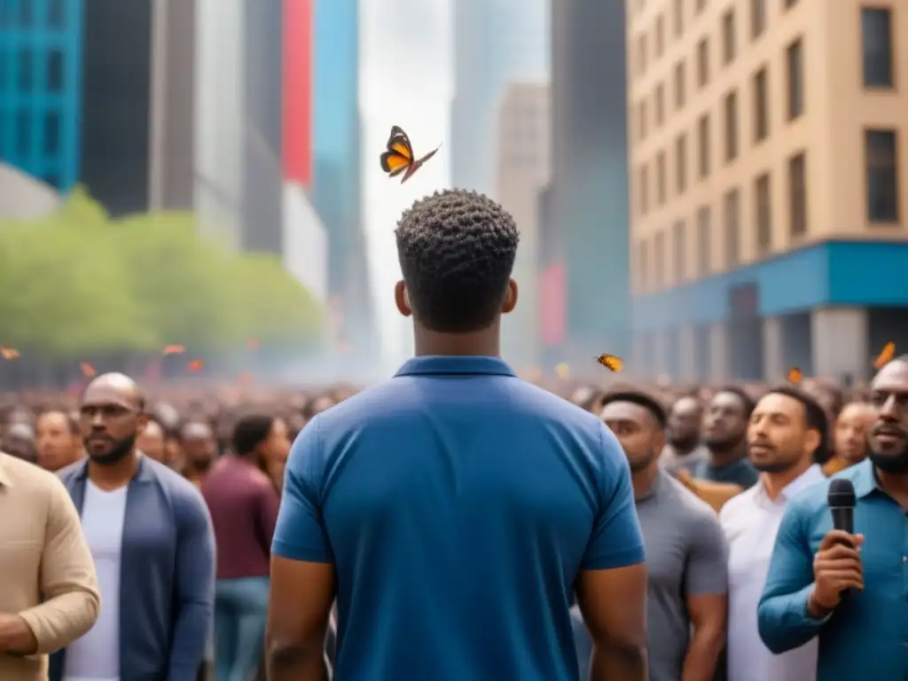 Un poeta lírico transforma injusticias, rodeado de oyentes inspirados, mientras mariposas de colores vuelan por el aire