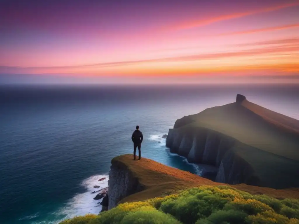 Poeta contemplando el mar al atardecer en un acantilado