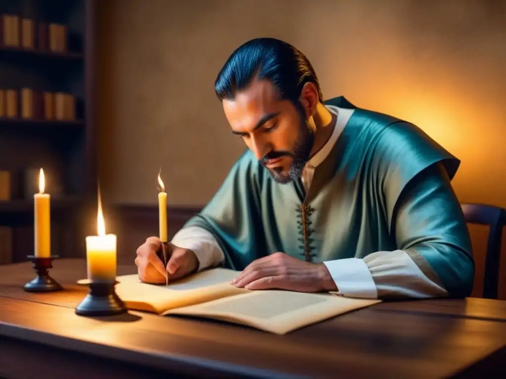 Un poeta medieval español en su escritorio, rodeado de pergamino y pluma, iluminado por una vela