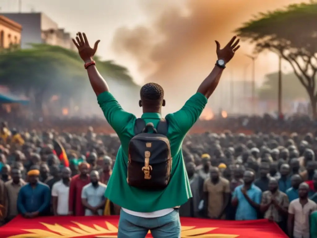 Revolución africana: poesía y resistencia en 8k Un poeta en medio de una revolución africana, simbolizando el papel de la poesía en las luchas africanas
