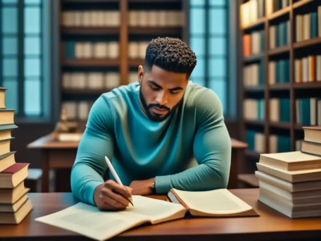 Un poeta moderno inmerso en la creación, rodeado de libros y papeles, escribiendo apasionadamente en una hoja en blanco