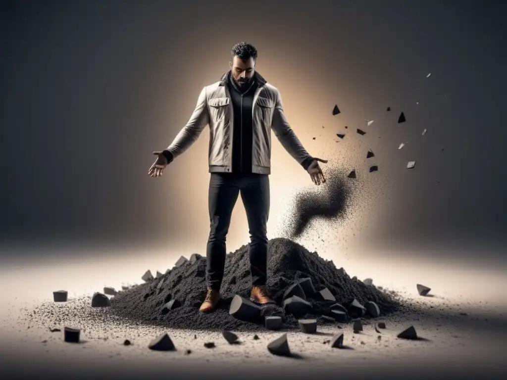 Poeta rompiendo moldes: ilustración en blanco y negro Un poeta rompe moldes de barro, emergiendo con originalidad