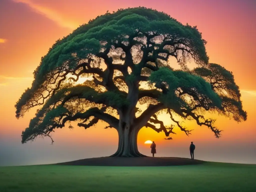 Un poeta se sumerge en la naturaleza, inspirado por un antiguo roble al atardecer