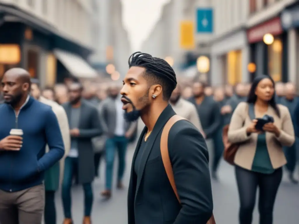 Un poeta recitando con pasión en la calle, rodeado de gente diversa en movimiento