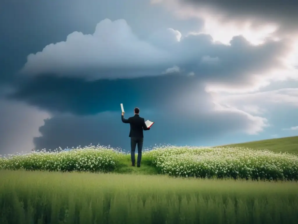 Un poeta de transformación y rebeldía, de pie en la cima, rodeado de flores, con un libro en la mano y el sol brillando sobre él