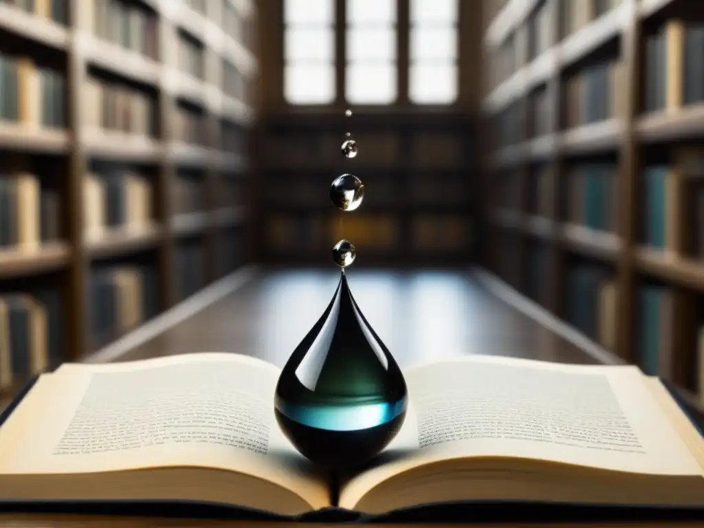 Un poeta escribe con pluma en una gota de agua suspendida en el aire, en una biblioteca borrosa llena de libros antiguos