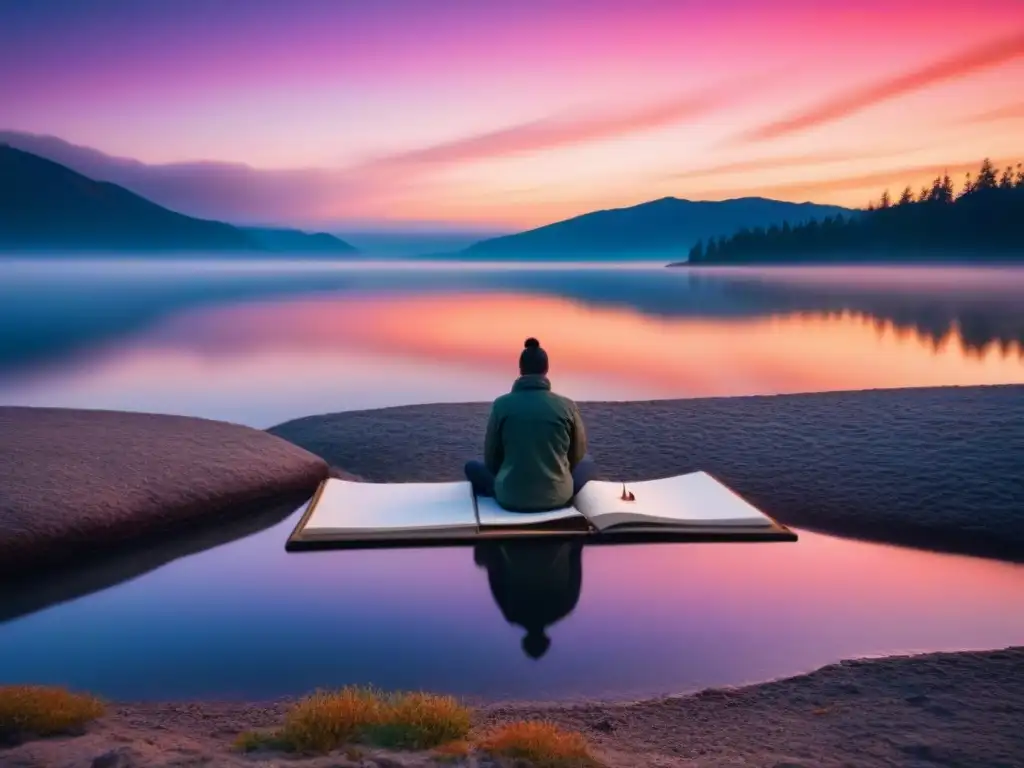 Un poeta principiante inspirado por la naturaleza en un lago al atardecer