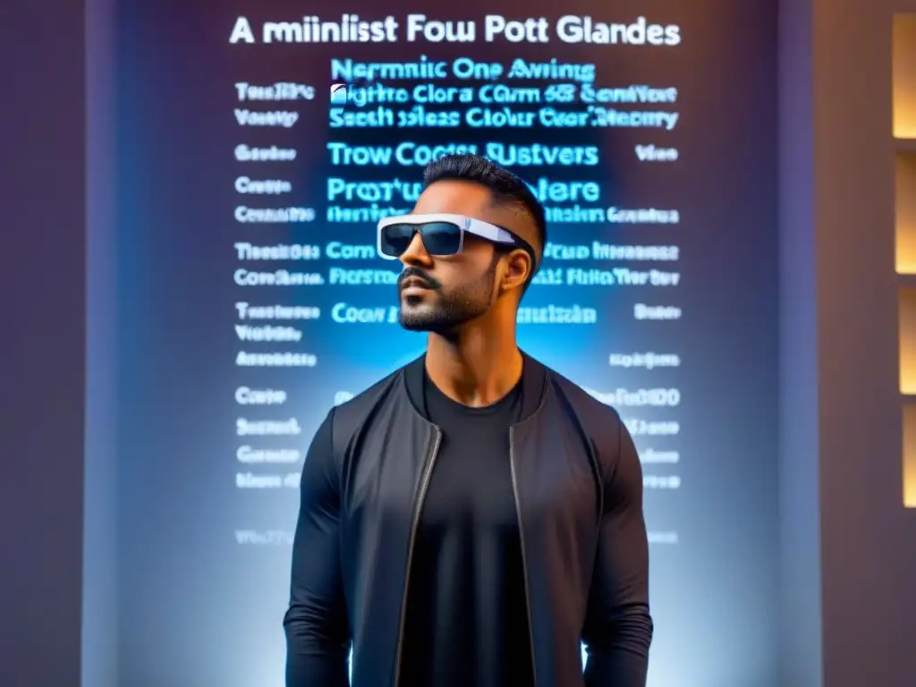 Poeta futurista con gafas de realidad aumentada y palabras virtuales Un poeta en realidad aumentada fusiona arte y tecnología con visualizaciones de poesía
