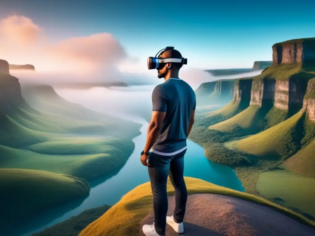 Un poeta en realidad virtual, inmerso en paisajes surrealistas, fusionando realidad y creatividad