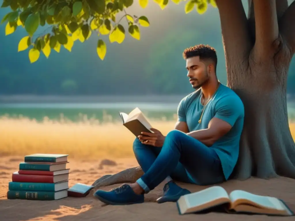 Un poeta reflexivo bajo un árbol al atardecer, rodeado de libros, escribiendo con una pluma