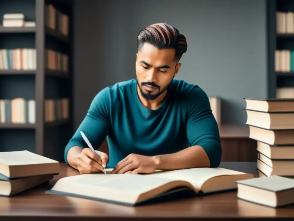 Poeta en profunda contemplación rodeado de libros y papeles Poeta reflexivo inmerso en su mundo de letras, rodeado de libros y papeles, en busca de la poesía transformadora palabras poetas filósofos