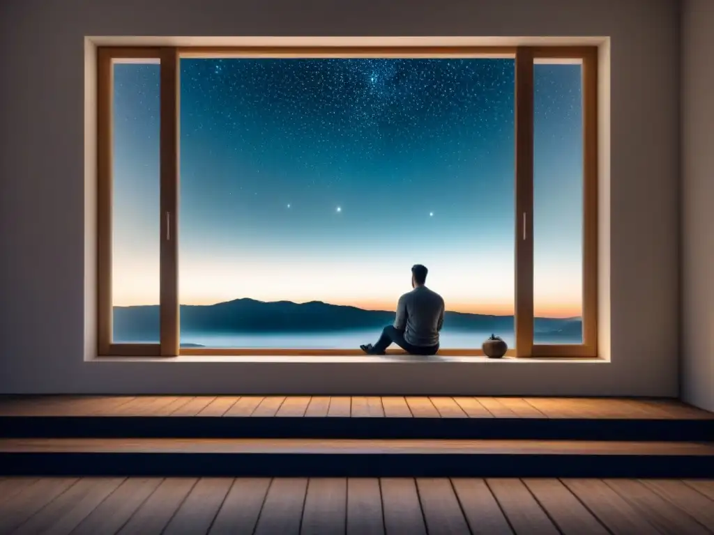 Un poeta reflexivo contempla la noche estrellada a través de la ventana, capturando el poder transformador de la poesía