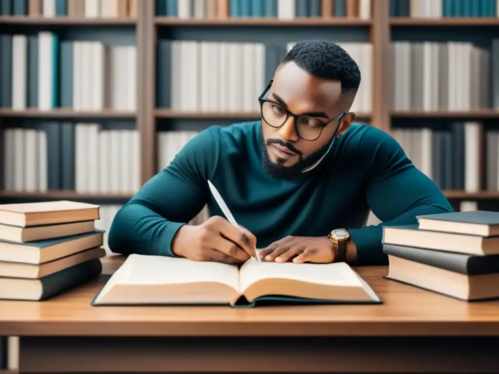 Un poeta reflexivo, rodeado de libros, escribiendo con una pluma en un espacio sereno y enfocado