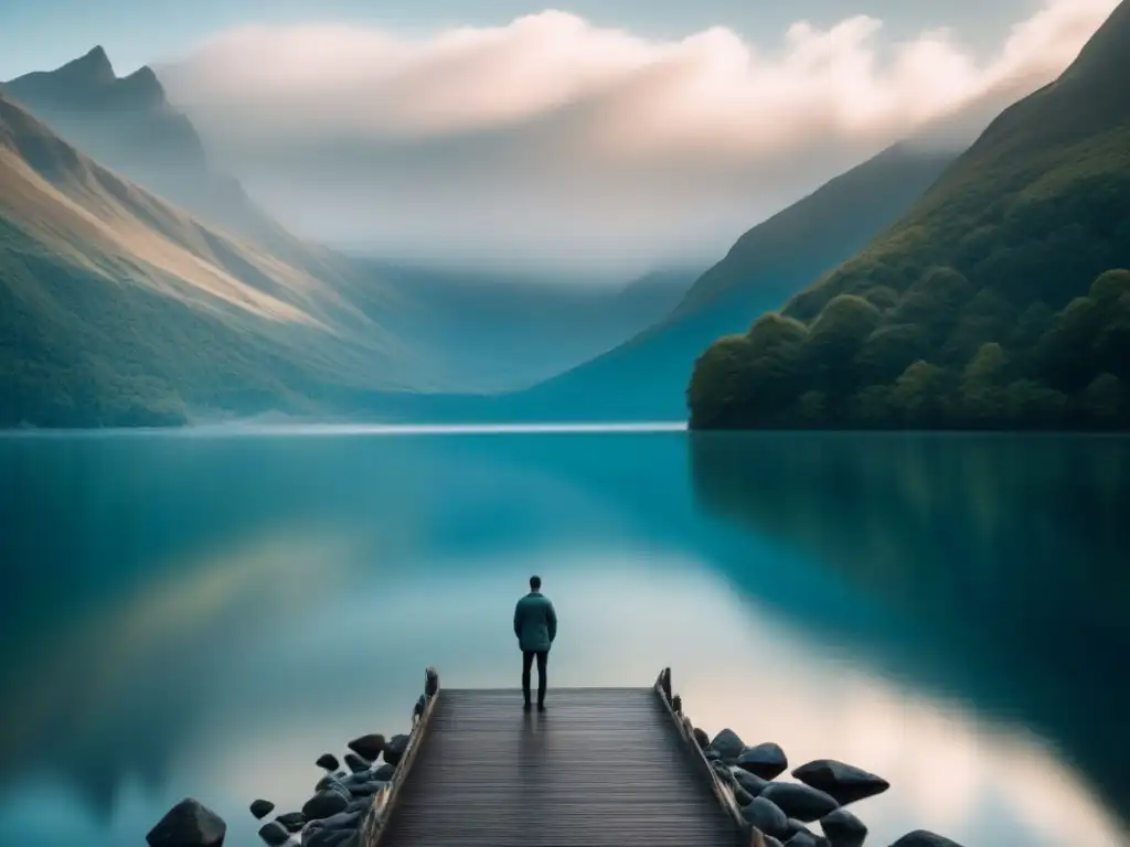 Un poeta reflexivo contempla la serenidad de un lago rodeado de montañas, expresando emociones inefables en verso