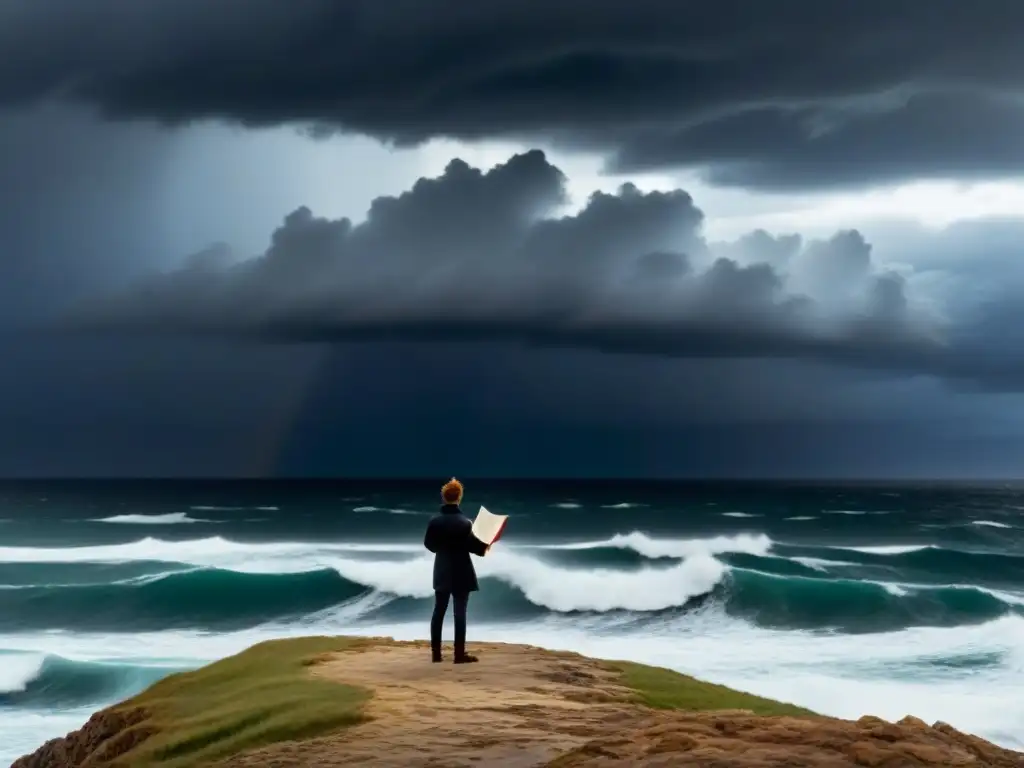 Un poeta de la Resistencia transformadora, firme en el acantilado, desafiando la tormenta con la luz de la poesía