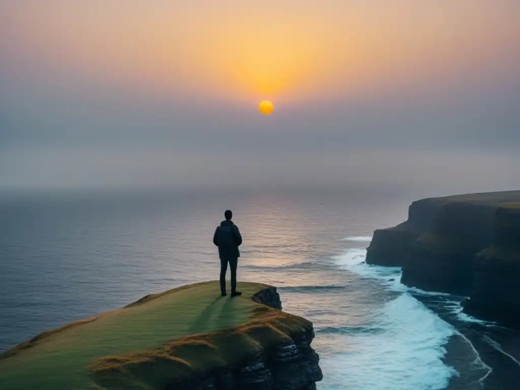 Un poeta reflexiona en silueta al borde del acantilado al atardecer, simbolismo elementos poesía lírica